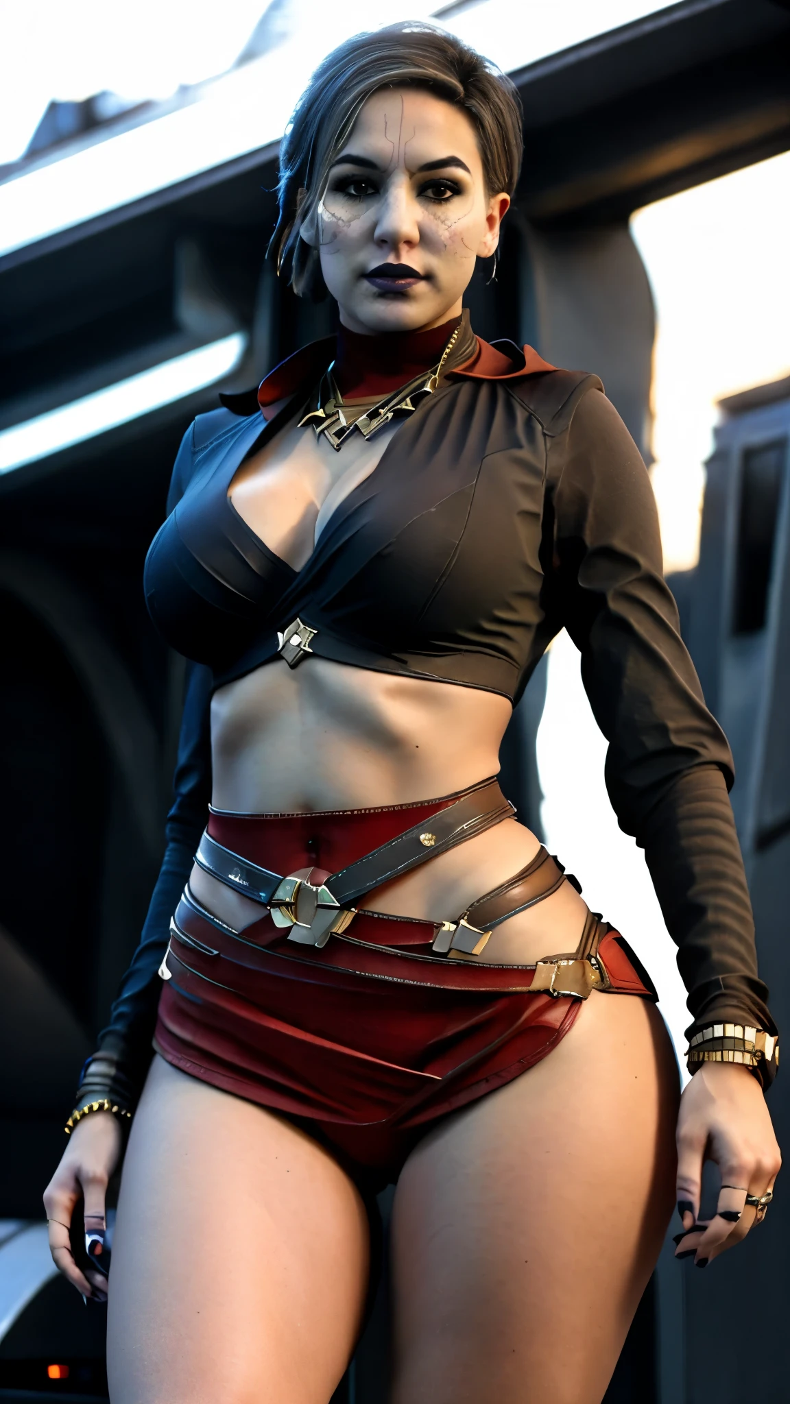 Full length shot from below, fit, slender pornstar MerrinJS, MerrinJFO, Skimpy see-through mesh outfit with lots of skin showing, intricate clothing, detailed skin, sexy, sexual, horny for a fuck, wanton whore, volumetric lighting, 8k, high resolution photo, Star Wars setting, bare midriff, bare thighs, bare shoulders, deep cleavage, ((split clothes)), high leg-line