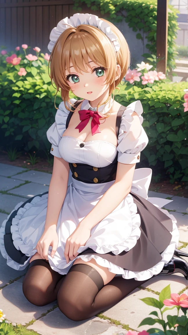 masterpiece, best quality, highres, 1girl, detailed face, blush, anime CG style, (medium breasts), (18 year old girl:1.3), (aged up), good lighting, perfect body, sakura kinomoto, glossy lips, thigh highs, maid, looking at viewer, blush, maid apron, heels, garden