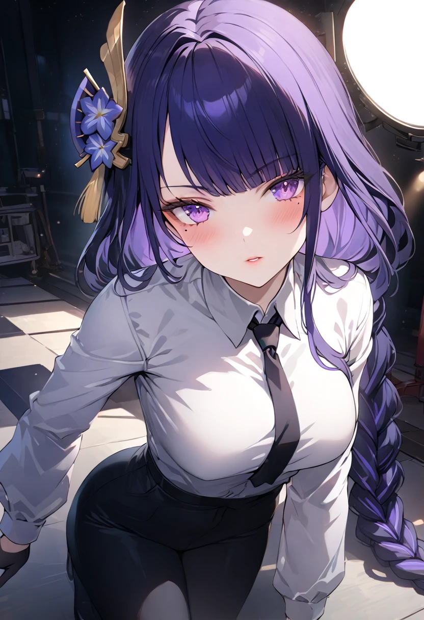 1girl, highly detailed portrait, beautiful detailed eyes, beautiful detailed lips, extremely detailed face, long eyelashes, wearing a white button-up shirt with a black tie, black suspenders over the shirt, black gloves, black pants, full body shot, 4k, 8k, uhd, hdr, detailed background, masterpiece, best quality, ultra-detailed, physically-based rendering, vivid colors, studio lighting, ,raiden shogun, braid, braided ponytail, hair flower, hair ornament, long hair, mole, mole under eye, purple eyes, purple flower, purple hair, single braid, sidelocks, mature female, whole body, dynamic pose
