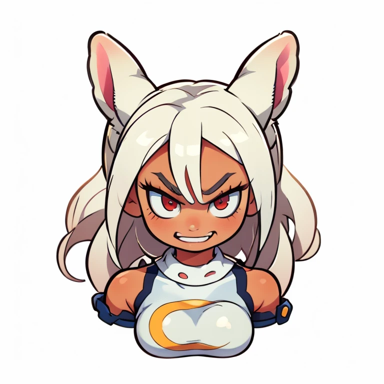 mirkomha, boku no hero academia, white hair, 1girl, long hair, uhd, 4k, face detail, eyes detail, only_head, head_only, white background, solo, angry face expression, kawaii, chibi, upper body, circle frame, smiling ,crazy smile, showing teeths, vivid colors, tan skin, rabbit ears, bare shoulders, mirko, dark_skin, leotard, rabbit_girl, kneehighs, red_eyes, white background, red eyes, fangs