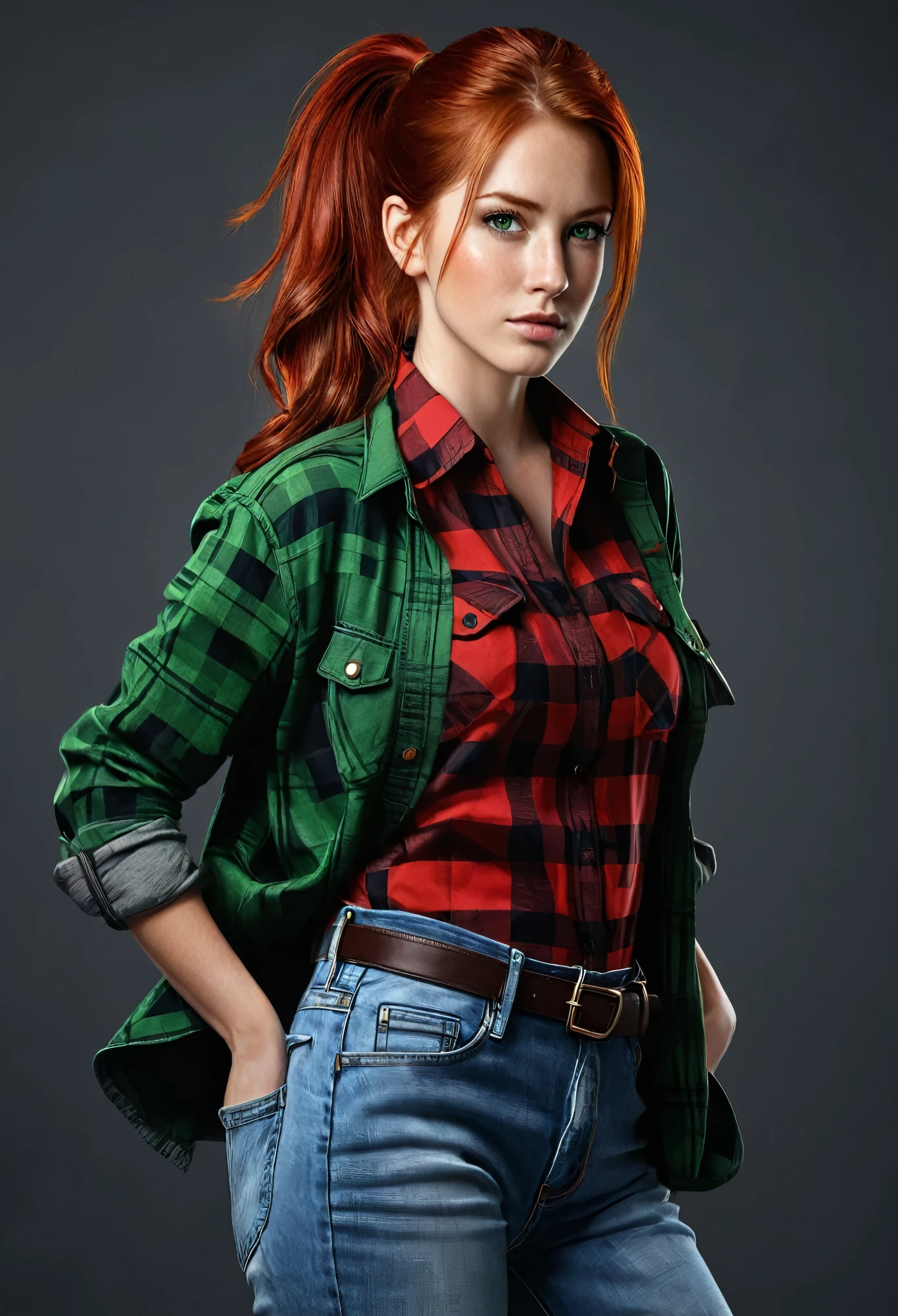 1girl, 27 years old, official art, 8k wallpaper, full length, ultra detailed, beautiful and aesthetic, red hair, ponytail hair style, green eyes, red lumberjack shirt, jeans, A faint smile, masterpiece, best quality, realistic, extremely detailed, dynamic angle, the most beautiful form of chaos, elegant, a brutalist designed, vivid colors