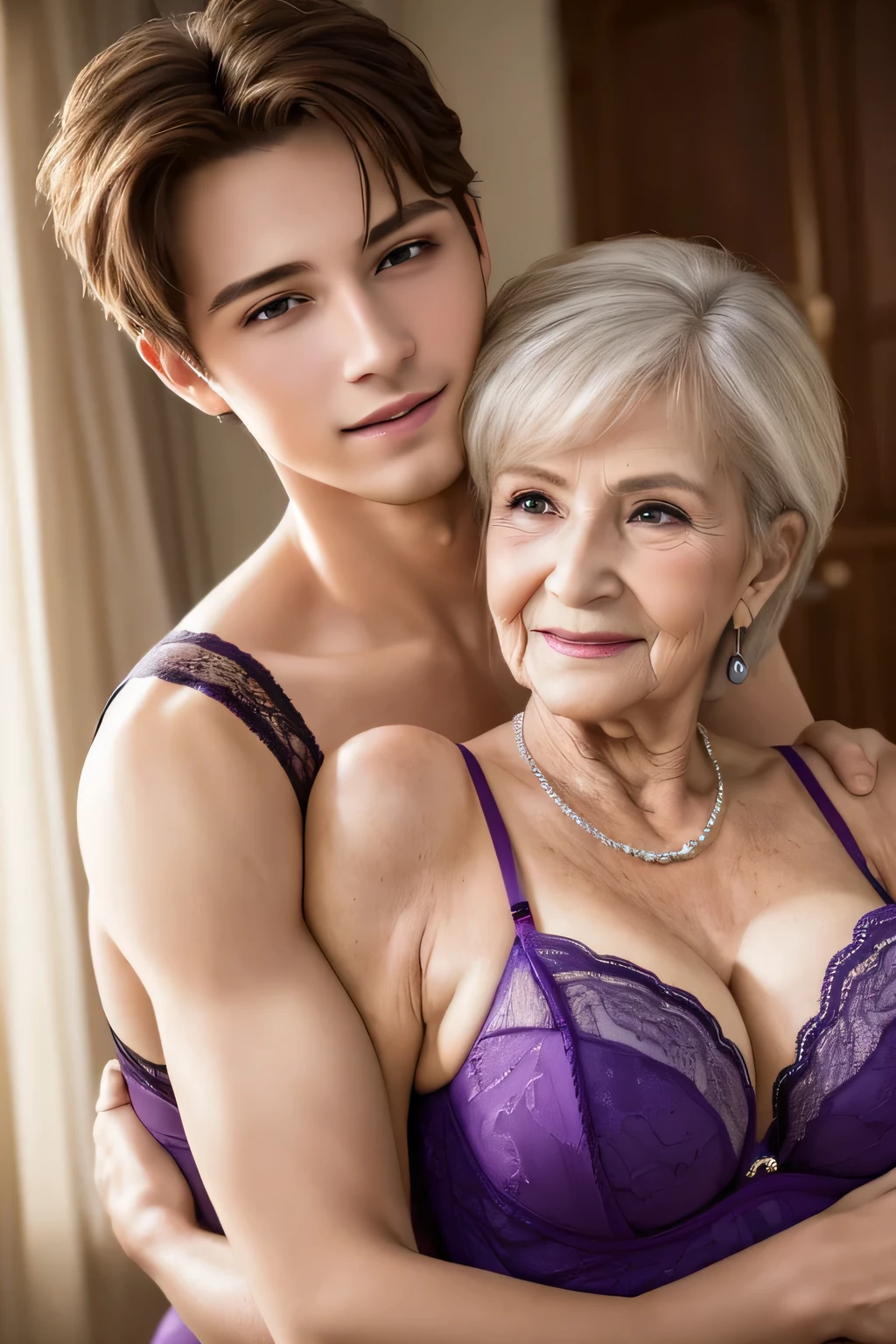 young, Beautiful, handsome, white, skinny, soft skin, beautiful face, shirtless, with a grandmother who knits clothes