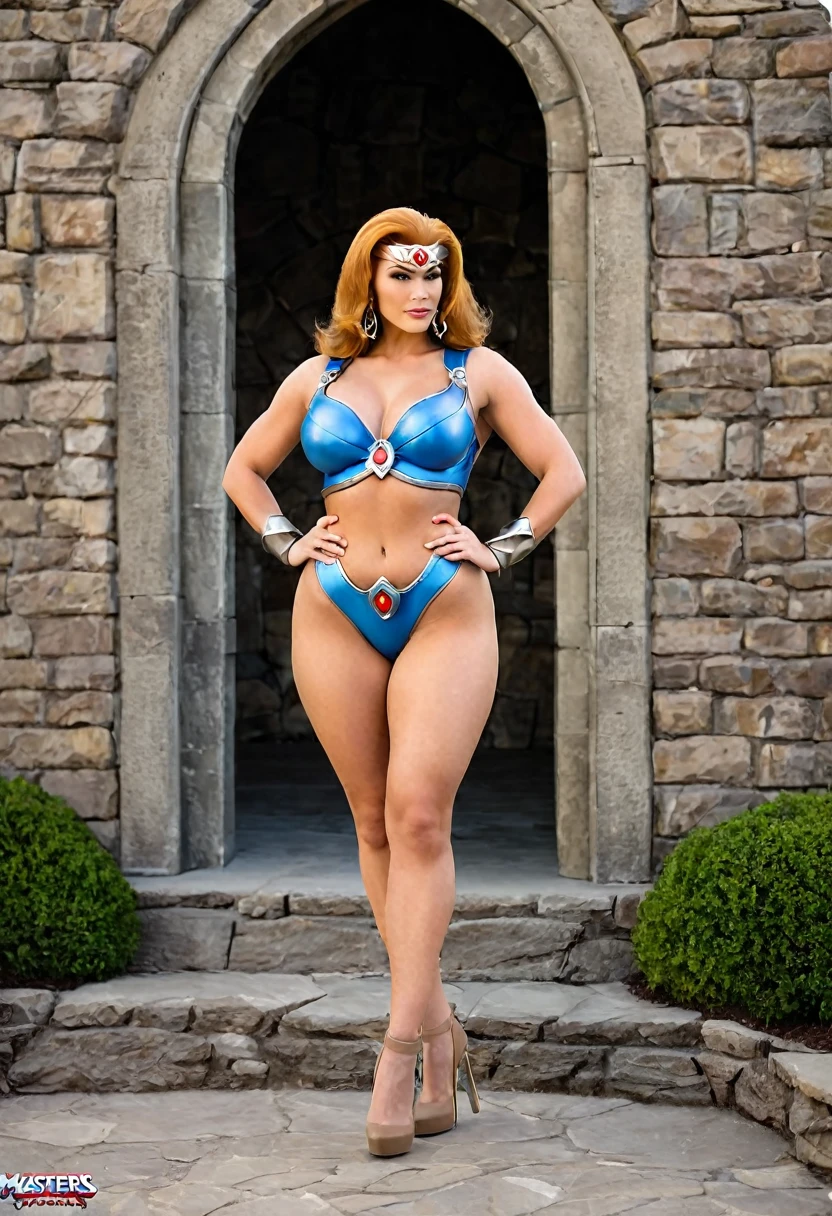 Full body shot of a beautiful female with a curvy thick body and large full natural breasts, Teela from Masters of the Universe, wearing high heel shoes, standing outside of Greyskull Castle