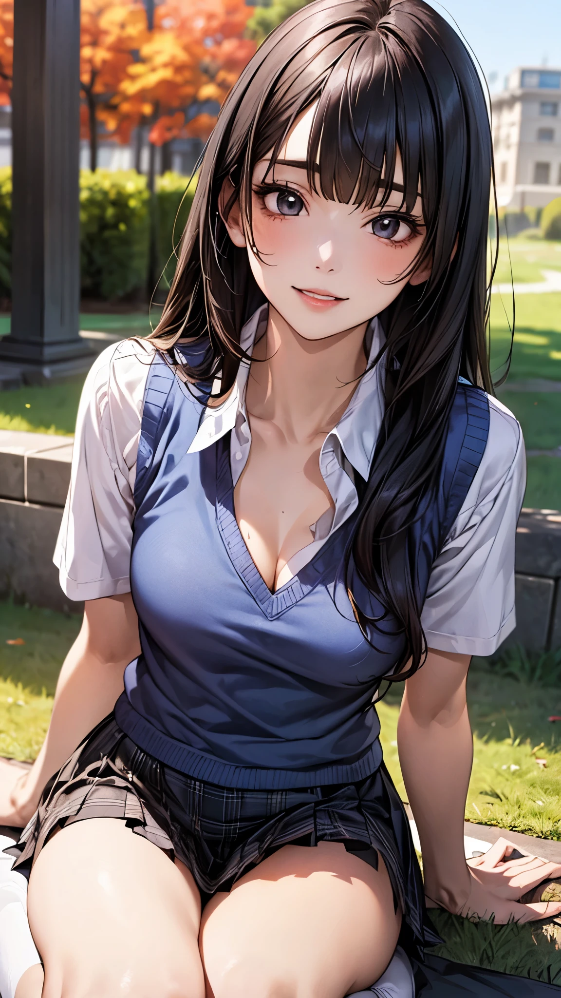 masterpiece, best quality, ultra detailed, highres, extremely detailed CG unity 8k wallpaper, perfect lighting,  very detailed background, Outdoor、beautiful and aesthetic,sharp focus, perfect face, Perfect hands、Perfect Fingers、Perfect toes、Five fingers、
look down、Upper Body、Fair skin、Blushing、Blunt bangs、(Hide your arms behind your body:1.2)、(twinkle(in the eyes):1.2)、(Pull up your skirt:1.5)、Staring at the audience、black_hair, long_hair, purple_eyes, blush, bangs, closed_mouth, serafuku, blurry、kousaka reina、(Large Breasts:1.5)、(Underboob)、(midriff peek)、(Cleavage)