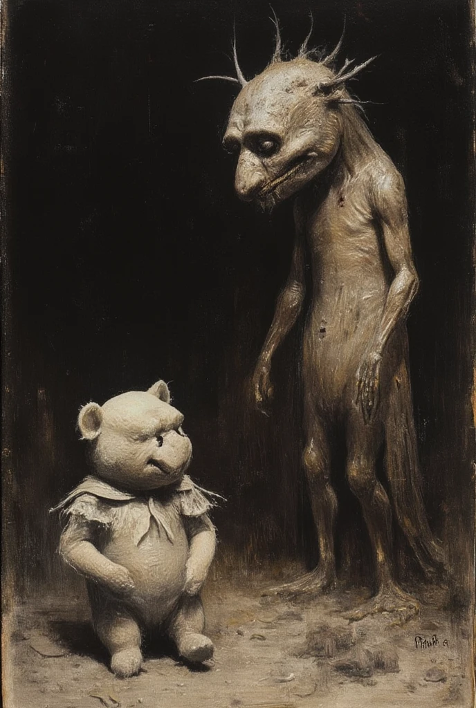 This is Andrew Wyeth - The Art of Andrew Wyeth - with the disturbing and grotesque world of Stephen Gammell, a muted dry brush technique that creates a sense of calm. (animation Winnie the Pooh Demonic Creature from Hell, dark background, masterpiece, fairytale background) (minimalism: 1). perfect body anatomy.
