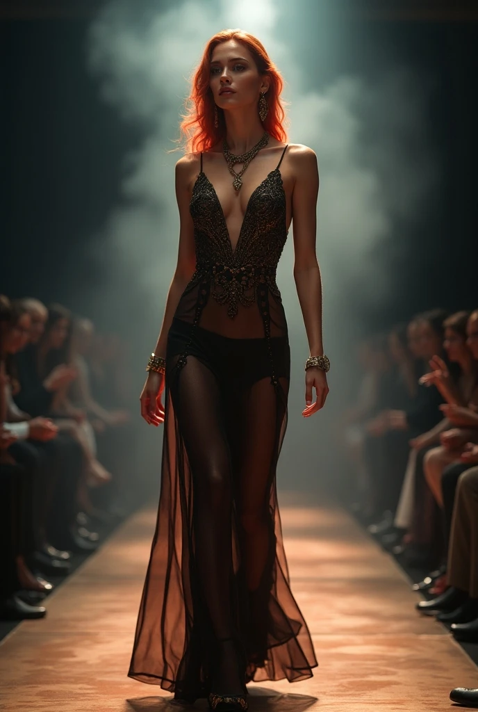 a red haired woman, 1woman, dramatic pose, flowing dress, intricate patterns, runway, walks on a catwalk, fashion show, detailed face, long eyelashes, ornate jewelry, dramatic lighting, moody colors, smoke effects, cinematic, ultra realistic, photorealistic, 8k, (best quality,4k,8k,highres,masterpiece:1.2),ultra-detailed,(realistic,photorealistic,photo-realistic:1.37), HDR, UHD, studio lighting, ultra-fine painting, sharp focus, physically-based rendering, extreme detail description, professional, vivid colors, bokeh