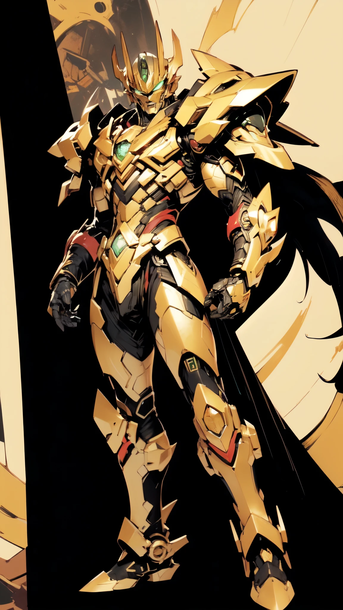 (masterpiece:1.5, best quality:1.5, extremely delicate:1.5, dynamic angle:1.5), ((male:1.5)), Biomimetic humanoid Mecha, green eyes, fully enclosed shoulder guards, matching arm and leg guards, gemstone, full body, full armor, the design balances heavy with agility, organic biotech armor, (the color scheme is primarily Golden and Black with Red and Green accents, concept Inspired by Vampire, glowing eyes, the armor glows), standing, floating high above the futuristic sci-fi city, a finely crafted Super robot in anime style, exquisite and mature art style, metallic, dramatic, high definition, highres, ultra-detailed, ultra-fine painting, professional, anatomically correct, symmetrical face, extremely detailed eyes and face, high quality eyes, creativity, RAW photo, UHD, 32k, Natural light, cinematic lighting, (masterpiece-anatomy-perfect:1.2)