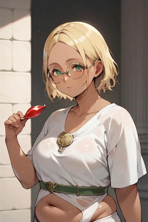  score_9,  score_8_up,  score_7_up, sauce_anime break， High image quality ，Tanned Gal，blonde，Very chubby girl, blonde with green eyes, Medium length hair , Open forehead, Round Face,  Black Square Framed Glasses Greek Goddess, Sheer Greek Style Outfit , Ancient Greek wet skin，