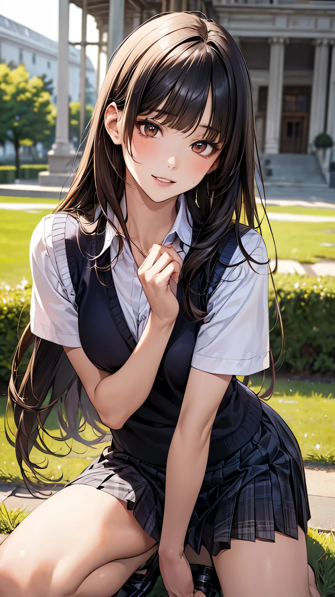 (masterpiece:1.3, top-quality, ultra high res, ultra detailed), (realistic, photorealistic:1.3), beautiful illustration, perfect lighting, natural lighting, depth of fields,
beautiful detailed hair, beautiful detailed face, beautiful detailed eyes, beautiful clavicle, beautiful body, beautiful chest, beautiful thigh, beautiful legs, beautiful fingers, shiny skin,
looking at viewer, (face focus), 1 girl, high school girl, (perfect anatomy, anatomically correct, super detailed skin), cute and symmetrical face, perfect face, perfect eyes, face, tiny,
(long hair:1.4, hime style, hime cut, black hair), blunt bangs, brown eyes, big eyes, long eyelashes, (medium breasts, seductive thighs), slender,
(detailed cloth texture), (light blue knit vest), break (short sleeve white collared shirt), break (blue plaid pleated mini skirt), break
(beautiful scenery), autumn, evening, (grassy), squatting, (seductive smile, upper eyes, parted lips),