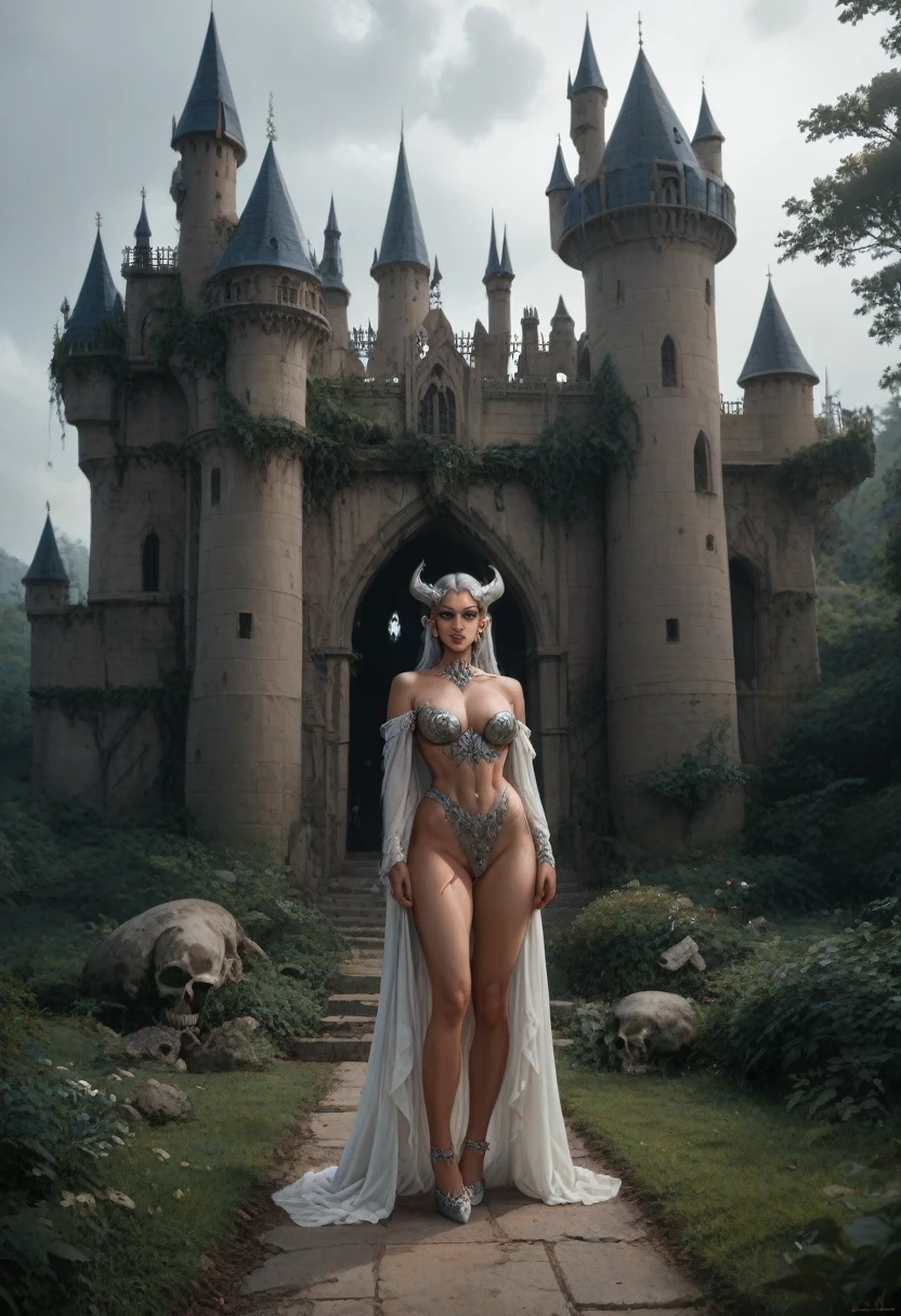 Full body shot of a beautiful female with a curvy thick body and large full natural breasts, Teela from Masters of the Universe, wearing high heel shoes, standing outside of Greyskull Castle