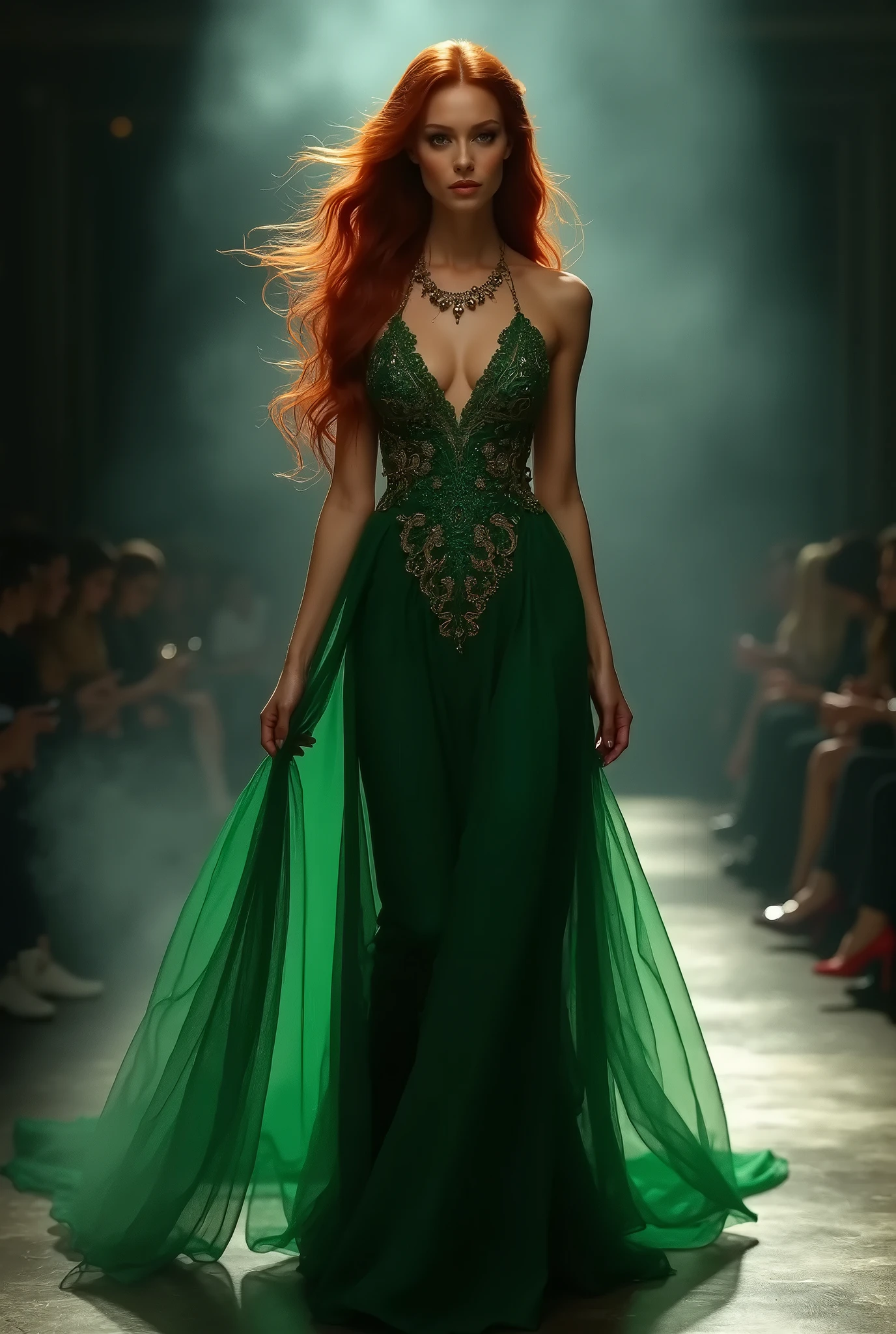 a red haired woman with long hair, in a green sexy dress, 1woman, dramatic pose, flowing dress, intricate patterns, runway, walks on a catwalk, fashion show, detailed face, long eyelashes, ornate jewelry, dramatic lighting, moody colors, smoke effects, cinematic, ultra realistic, photorealistic, 8k, (best quality,4k,8k,highres,masterpiece:1.2),ultra-detailed,(realistic,photorealistic,photo-realistic:1.37), HDR, UHD, studio lighting, ultra-fine painting, sharp focus, physically-based rendering, extreme detail description, professional, vivid colors, bokeh