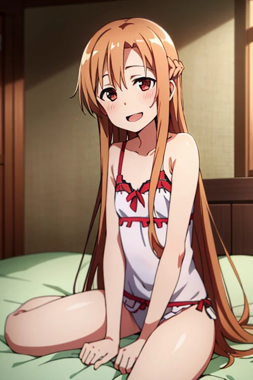 ((Best Quality)), ((masterpiece)), (be familiar with),  perfect face, indoor, bedroom,  watching viewers,
One woman, Yuuki Asuna,
 open mouth , Ecstatic expression, blush, smile,
Small breasts,  flat chest, , , child, Girl,
Long Hair,  long hair,
Leg spread,