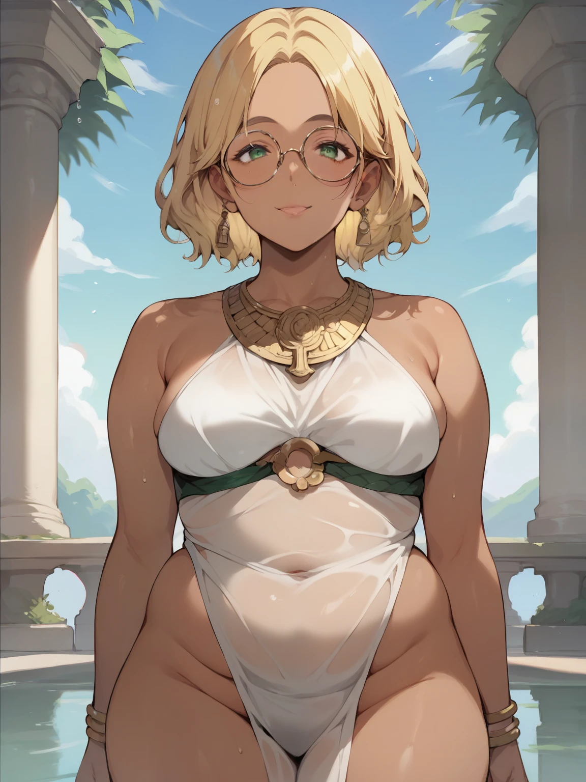  score_9,  score_8_up,  score_7_up, anime break， High image quality ，Tanned Gal，blonde，Very chubby girl, blonde with green eyes, Medium length hair ，Open forehead，Round Face，A shy smile， Black Square Framed Glasses Greek Goddess，Sheer Greek Style Outfit ，Ancient Greek wet skin，