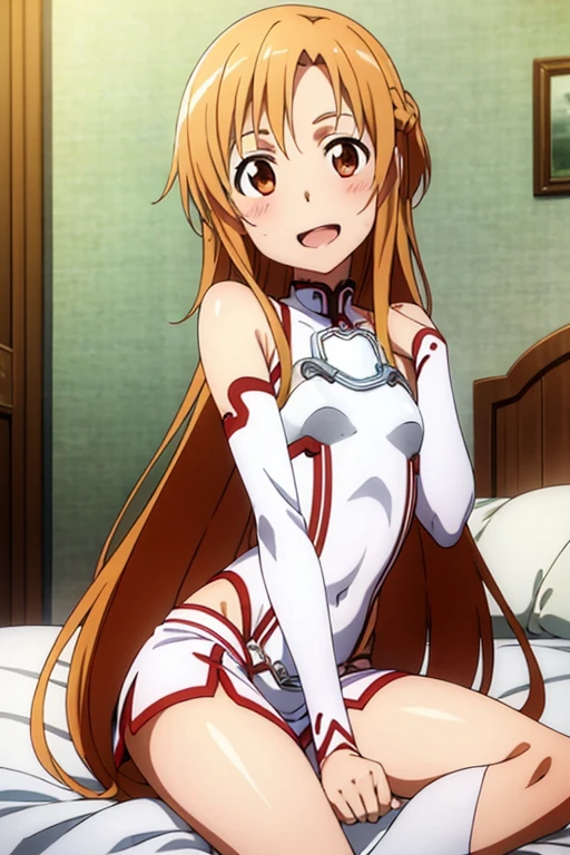 ((Best Quality)), ((masterpiece)), (be familiar with),  perfect face, indoor, bedroom,  watching viewers,
One woman, Yuuki Asuna,
 open mouth , Ecstatic expression, blush, smile,
Small breasts,  flat chest, , , child, Girl,
Long Hair,  long hair,
Leg spread,