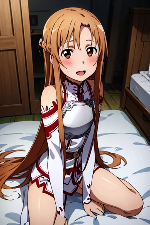 ((Best Quality)), ((masterpiece)), (be familiar with),  perfect face, indoor, bedroom,  watching viewers,
One woman, Yuuki Asuna,
 open mouth , Ecstatic expression, blush, smile,
Small breasts,  flat chest, , , child, Girl,
Long Hair,  long hair,
Leg spread,