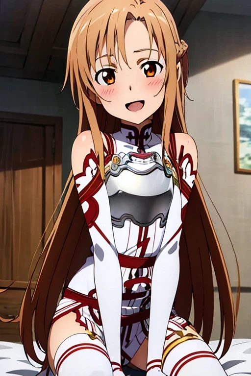 ((Best Quality)), ((masterpiece)), (be familiar with),  perfect face, indoor, bedroom,  watching viewers,
One woman, Yuuki Asuna,
 open mouth , Ecstatic expression, blush, smile,
Small breasts,  flat chest, , , child, Girl,
Long Hair,  long hair,
Leg spread,