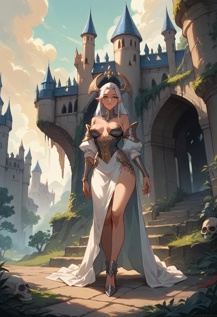 Full body shot of a beautiful female with a curvy thick body and large full natural breasts, Teela from Masters of the Universe, wearing high heel shoes, standing outside of Greyskull Castle