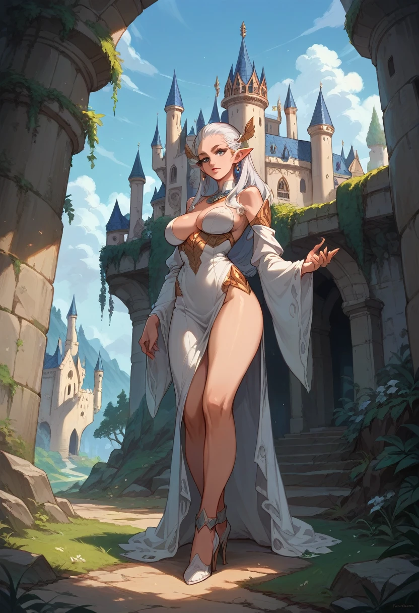 Full body shot of a beautiful female with a curvy thick body and large full natural breasts, Teela from Masters of the Universe, wearing high heel shoes, standing outside of Greyskull Castle