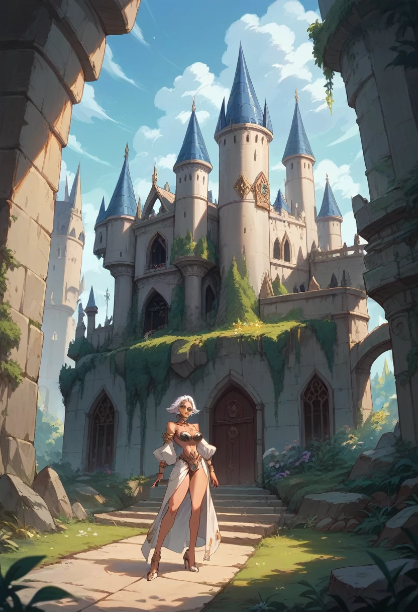 Full body shot of a beautiful female with a curvy thick body and large full natural breasts, Teela from Masters of the Universe, wearing high heel shoes, standing outside of Greyskull Castle