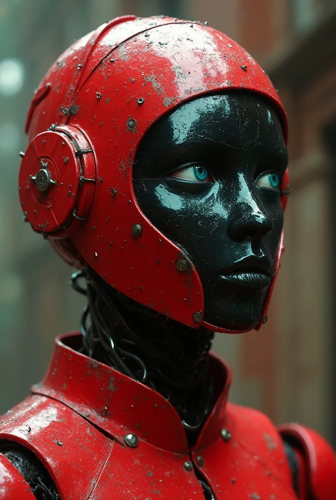 Full length view. Red and black cyborg woman. A dynamic picture, the whole body of the cyborg is in motion. Porcelain face and head, no hair, detailed realistic close-up, dirt, dust, Canon 5d cinematic frame, ultra skin, porcelain face and head, beautiful hands, detailed macro, photographs, cool look, action, big turquoise eyes, perfect eyes, best quality, extremely sharp focus on the face, minimalism. full-length cyborg woman, whole body in motion, subtleties of analog cinema, post-apocalyptic, cinematic, realistic, fashionable art station. Studio photography details in focus Very busy Rutkow complex Raw 4k 8k Isometric digital smog, 3D rendering, porcelain face and head. Volume Octane Science Fiction Artistic Masterpiece Sinister Matte Painting Movie Poster, Golden Ratio, cgsociety, Ultra HD, Realism, Vibrant Colors, High Detail, UHD drawing, pen and ink, perfect composition, beautiful detailed complex insanely detailed octane rendering, trending on artstation, 8k art photography, photorealistic concept art, soft natural atmosphere, perfect cinematic lighting, broken glass effect, no background, stunning, then, which doesn't even exist .