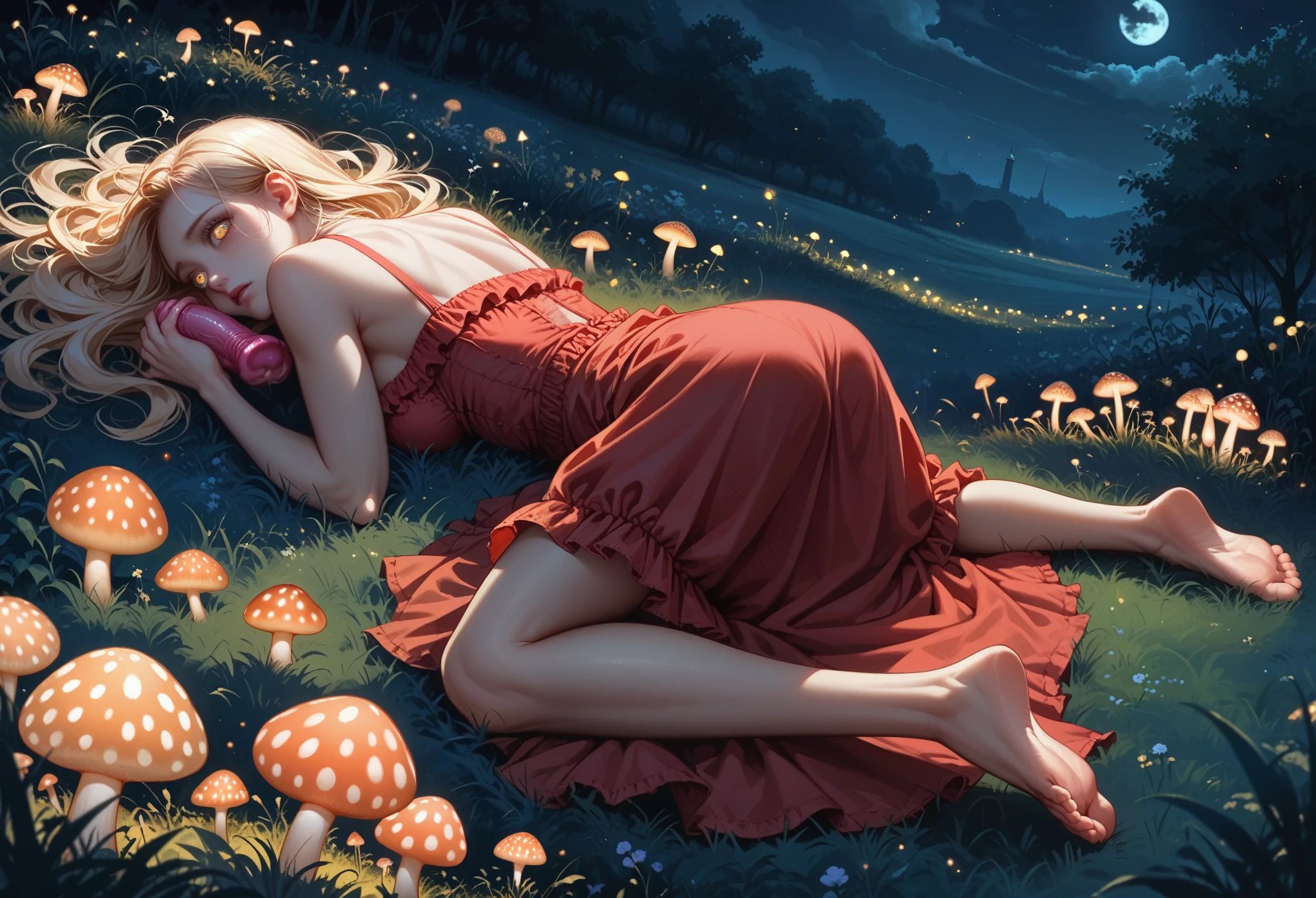 (1girl, solo:1.2, (she's lying, falling asleep, grabbing a dildo, seductive)), (girl is (long blonde hair):1.2, (perfect body), (detailed olive eyes), (wearing red peasant short dress, cleavage, ruffled):1.2, barefoot ), (full body), (creepy, crop field, night, moonlight, glowing mushrooms), (full body), glowing eyes, (back view)