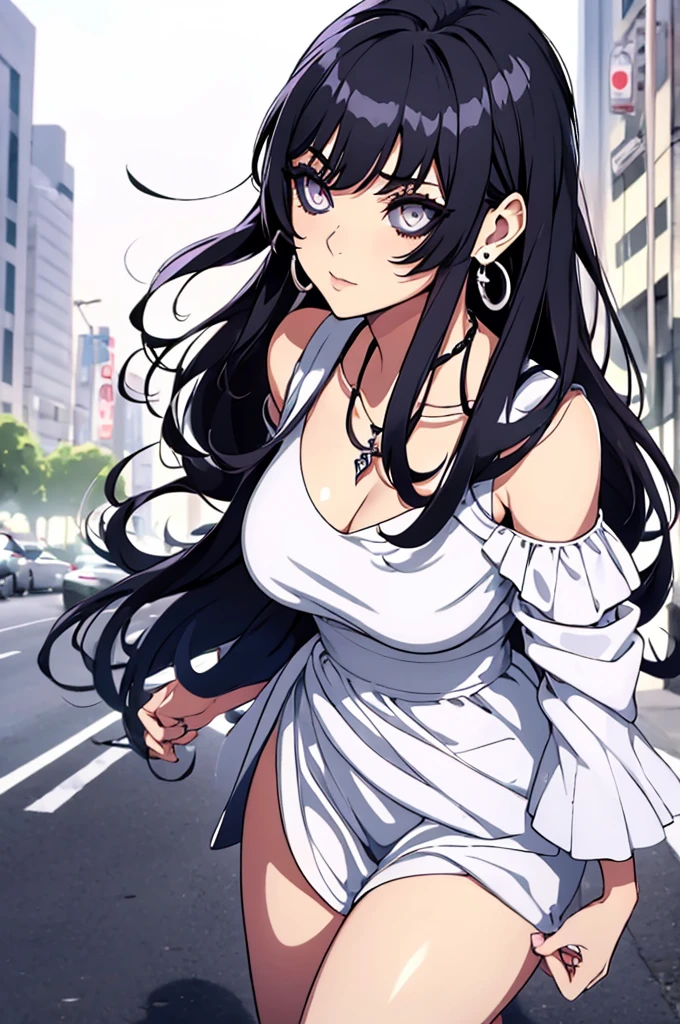 1 girl, white dress, legs, kure karura, long hair, bangs, black hair, white eyes, black sclera, colored sclera, elegant, earrings, necklace,city