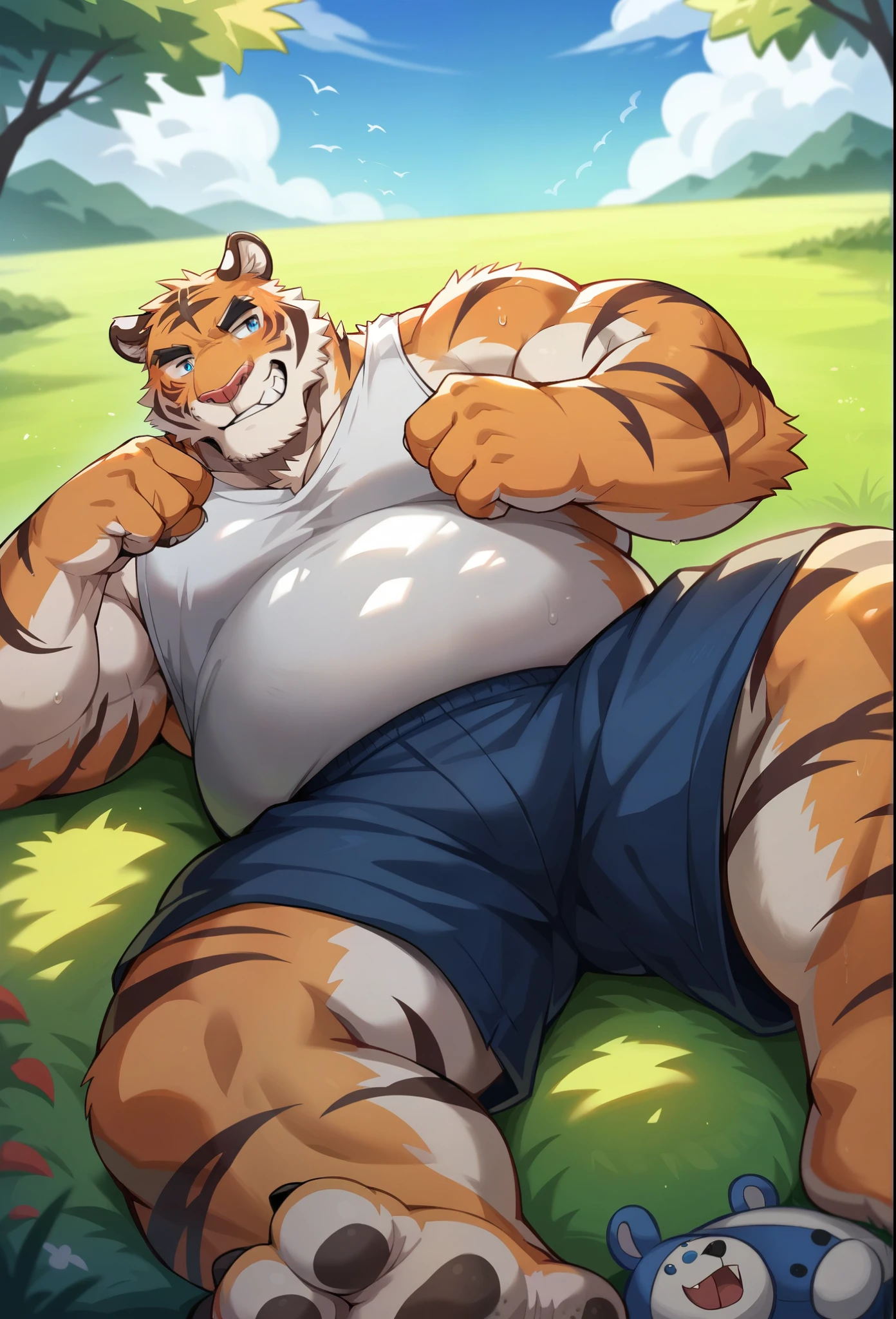 NSFW, anime style, aid210, nj5furry, ((whole body)), ((kiss)), vulgarity, ((2mens, plump middle-aged bear man, tiger man)), BREAK (ejaculation small penis with beautiful thin and tight foreskin:1.7)(hairy testicles)(flaccid:1.5), (1 testicles), (thin foreskin:1.5), (anus), ((brown eyes)), one eye closed, beautiful beard, beautiful ears, (male face:1.3), (big face:0.5), square jawline, (Male Eyes:1.2), (sharp eyes:0.8), (big eyes:0.5), male eyebrows, (innocent look:0.5), (beautiful black nails down to the last detail:1.2), BREAK (complete Anatomy), (detailed face:1.3), beautiful face, (detailed body), (detailed penis:1.4), (detailed testicles:1.4), (beautiful hands:1.2), (detailed fingers:1.2), (detailed eyes:1.1), (beautiful Eyes:1.1), arm details, Leg Details, beautiful feet, BREAK Muscular anthlo, body hair, ((hairy skin)), fluffy, pubic hair, sweating, (detailed brown nipples:0.8), (blood vessel:-0.8), (glowing Skin:-0.7), (chest hair:0.5), (1 tail), (a beautiful and detailed small tail), BREAK night, outdoor, ultra detailed, highest quality, ultra-high resolution, realistic, 16K, masterpiece, beautiful detailed, perfect solution, absurdists, (faint light),