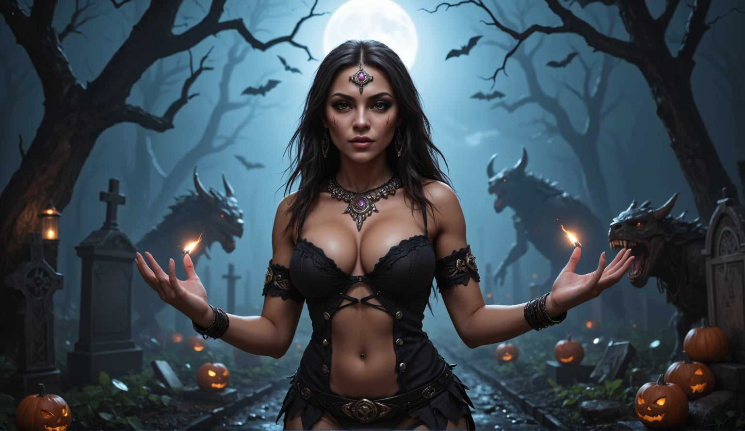 Female wizard, very detailed wizard, sexy, large breasts, intricate Wiccan makeup, matching detailed jewellery. The hideous beasts looks very angry and ready to cause chaos, DEVIL SPAWN. Halloween, sneaky bats over her, creepy pumpkins, cemetery, candles, ultra detailed skin with pores, perfect hands, sharp light and shadows, night, strong ghostly etherial mist, moonlight, horizon, panorama, ray tracing, DSLR, UHD, 8k, photorealistic, masterpiece, award-winning