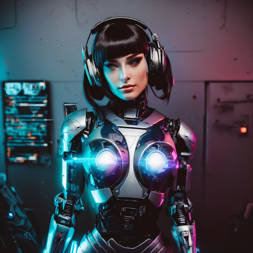 arafed woman in a futuristic suit with headphones and a microphone, retrofuturistic female android, cyborg girl, cyborg - girl, robot girl, as a retro futuristic heroine, cute cyborg girl, cybersuit, perfect android girl, cyberpunk 2 0 y. o model girl, female robot, cyberpunk femme fatale, cyberpunk vibes, cyber style, cyber suit, beautiful android woman