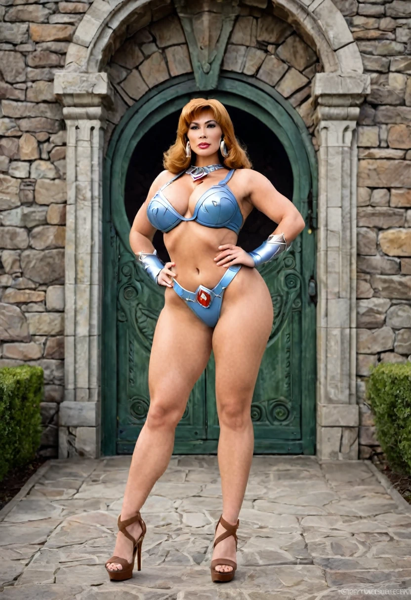 Full body shot of a beautiful female with a curvy thick body and large full natural breasts, Teela from Masters of the Universe, wearing high heel shoes, standing outside of Greyskull Castle