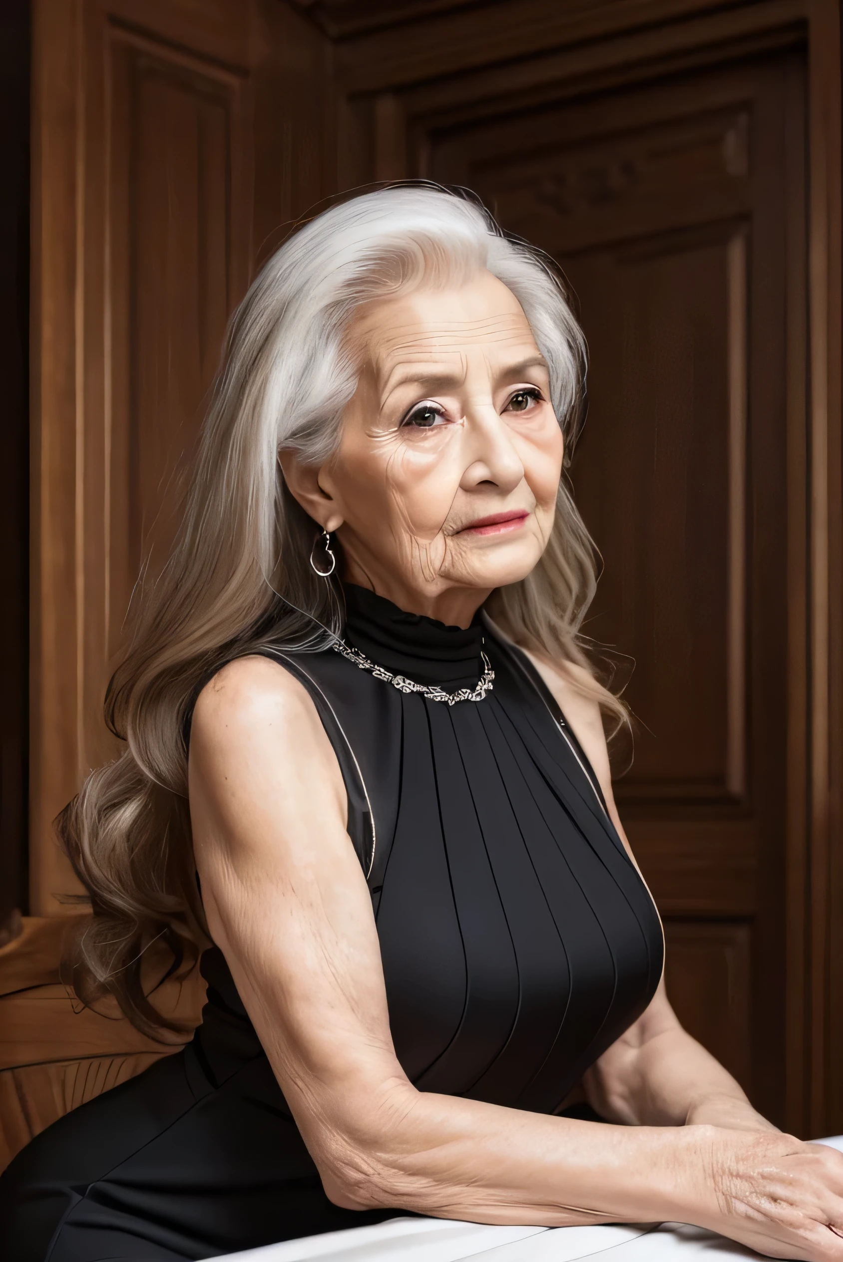 Ultra HD resolution,60-year-old girl,earrings,Long gray hair, cover magazine background, cover, magazine, Black backless dress,H Cup,Amazing breast size,Breast enlargement,Smooth and beautiful back, Silk clotheessy hair,gray hair,Translucent clothing,Ruddy complexion,The clothes are relatively transparent, cover, magazine, cover magazine