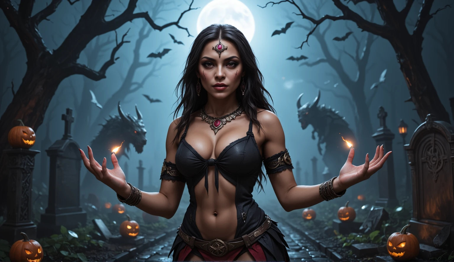 Female wizard, very detailed wizard, sexy, large breasts, intricate Wiccan makeup, matching detailed jewellery. The hideous beasts looks very angry and ready to cause chaos, DEVIL SPAWN. Halloween, sneaky bats over her, creepy pumpkins, cemetery, candles, ultra detailed skin with pores, perfect hands, sharp light and shadows, night, strong ghostly etherial mist, moonlight, horizon, panorama, ray tracing, DSLR, UHD, 8k, photorealistic, masterpiece, award-winning