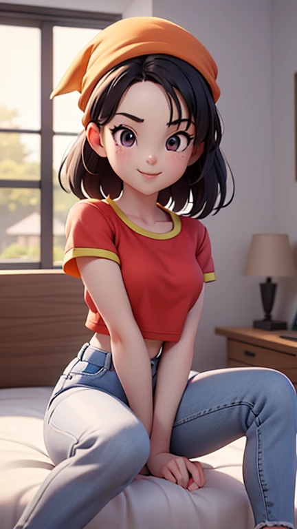 Pan, 1girl, solo, smile, red shirt, jeans, bandana, black hair, sitting on bed, small breasts, thick thighs, detailed eyes, (acclaimed, attractive, captivating, exciting, beautiful, striking:1.3), (trending on CGSociety, trending on pixiv, contest winner:1.3), (best quality), (masterpiece), 16K