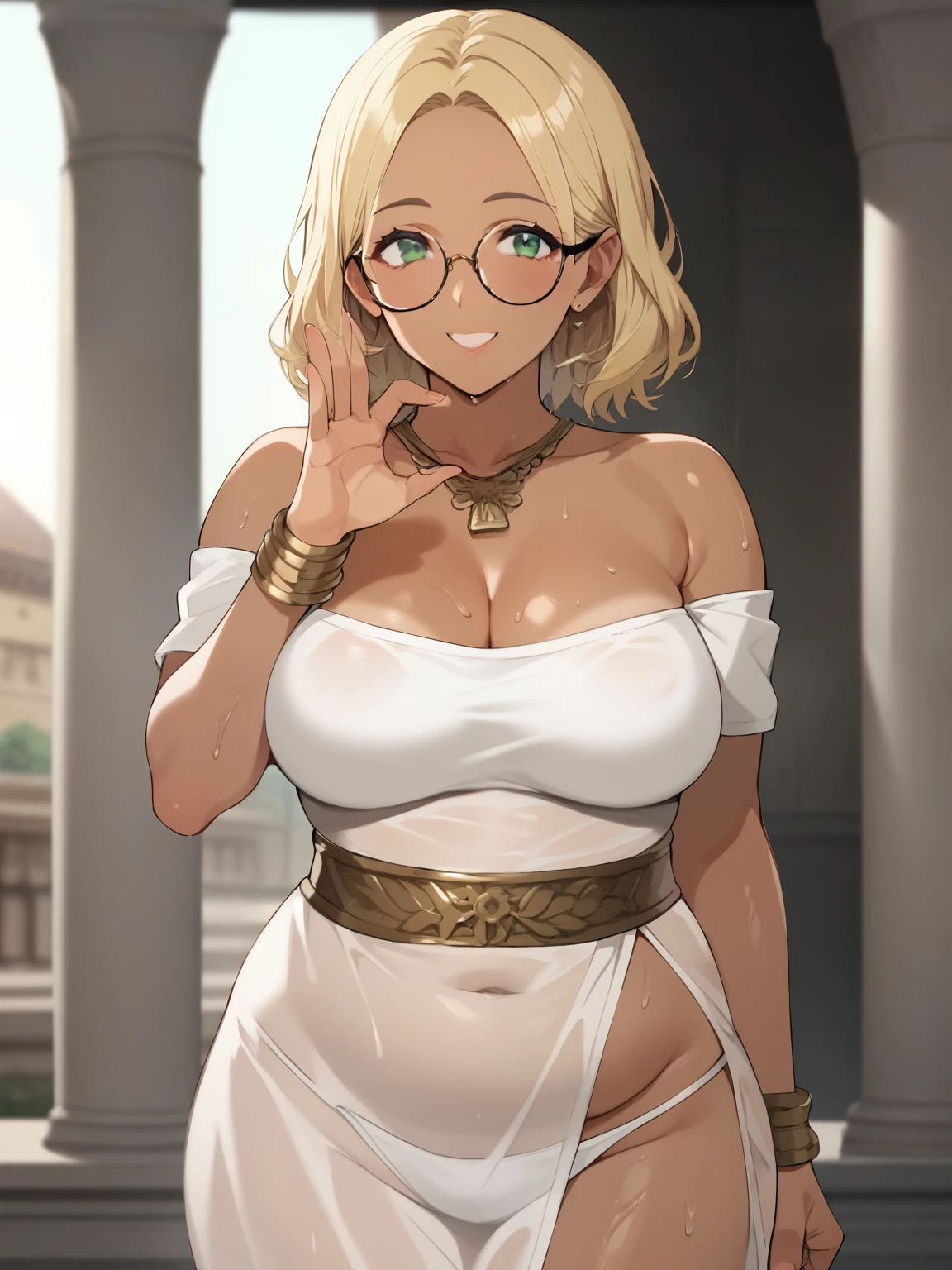  score_9,  score_8_up,  score_7_up, anime break， High image quality ，Tanned Gal，blonde，Very chubby girl，blonde with green eyes, Medium length hair ，Open forehead，Round Face，A shy smile，Ample breasts， Black Square Framed Glasses Greek Goddess，Sheer Greek Style Outfit ，Ancient Greece，Wet Skin，Cunning gestures，Accurate and detailed female fingers，