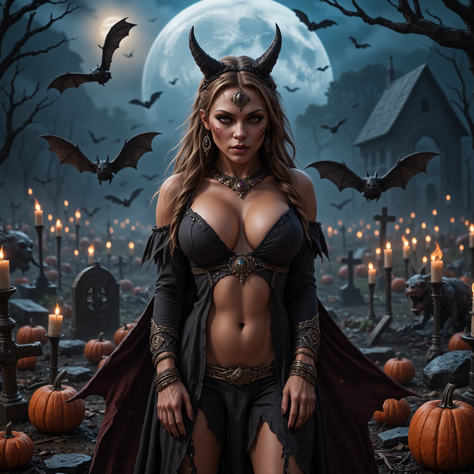 Female wizard, very detailed wizard, sexy, large breasts, intricate Wiccan strong makeup, matching detailed jewellery. The hideous beasts looks very angry and ready to cause chaos, DEVIL SPAWN. Halloween, sneaky bats over her, magical effects, creepy pumpkins, cemetery, candles, ultra detailed skin with pores, perfect hands, sharp light and shadows, night, strong ghostly etherial mist, moonlight, horizon, panorama, ray tracing, DSLR, UHD, 8k, photorealistic, masterpiece, award-winning