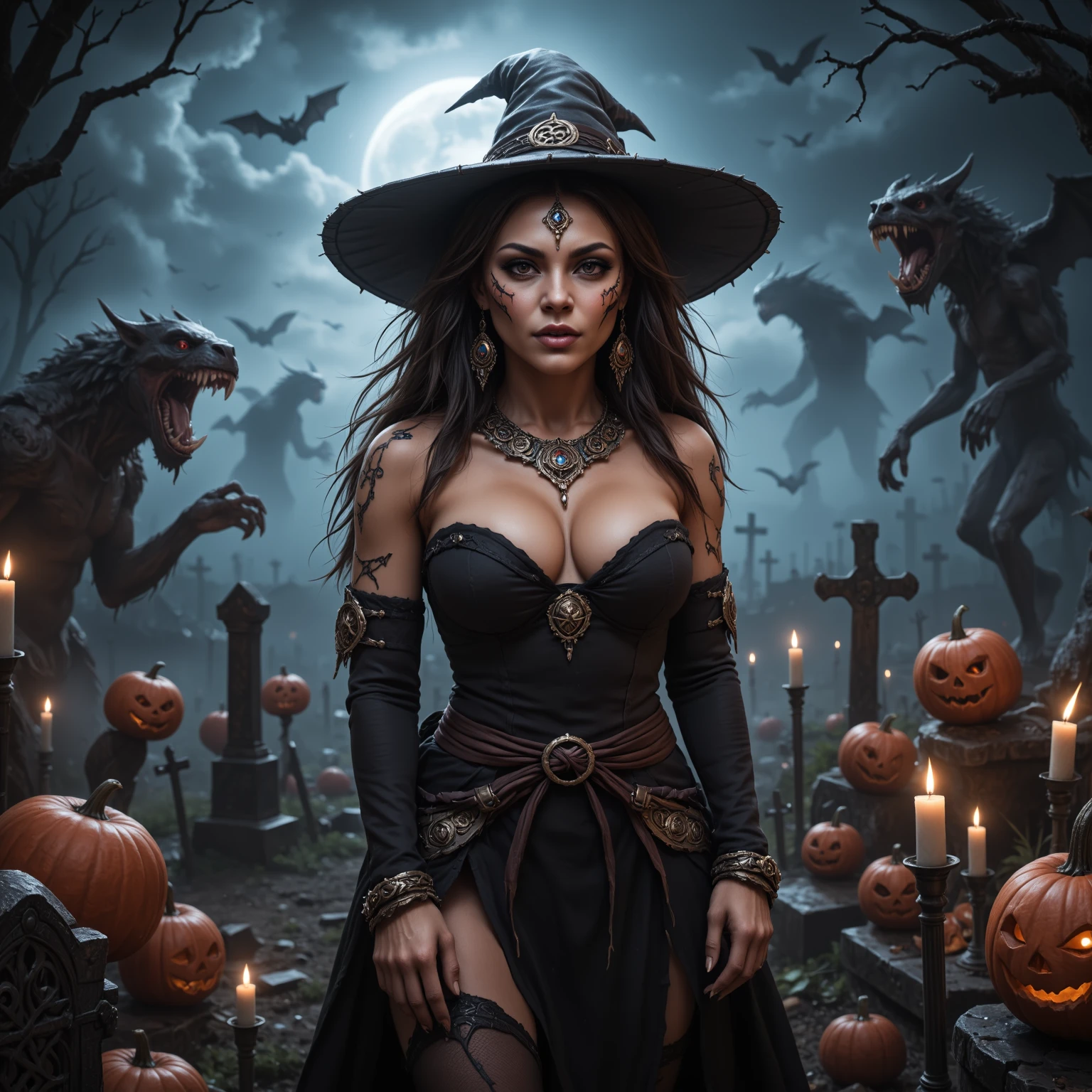 Female wizard, very detailed wizard, sexy, large breasts, intricate Wiccan strong makeup, matching detailed jewellery. The hideous beasts looks very angry and ready to cause chaos, DEVIL SPAWN. Halloween, sneaky bats over her, magical effects, creepy pumpkins, cemetery, candles, ultra detailed skin with pores, perfect hands, sharp light and shadows, night, strong ghostly etherial mist, moonlight, horizon, panorama, ray tracing, DSLR, UHD, 8k, photorealistic, masterpiece, award-winning