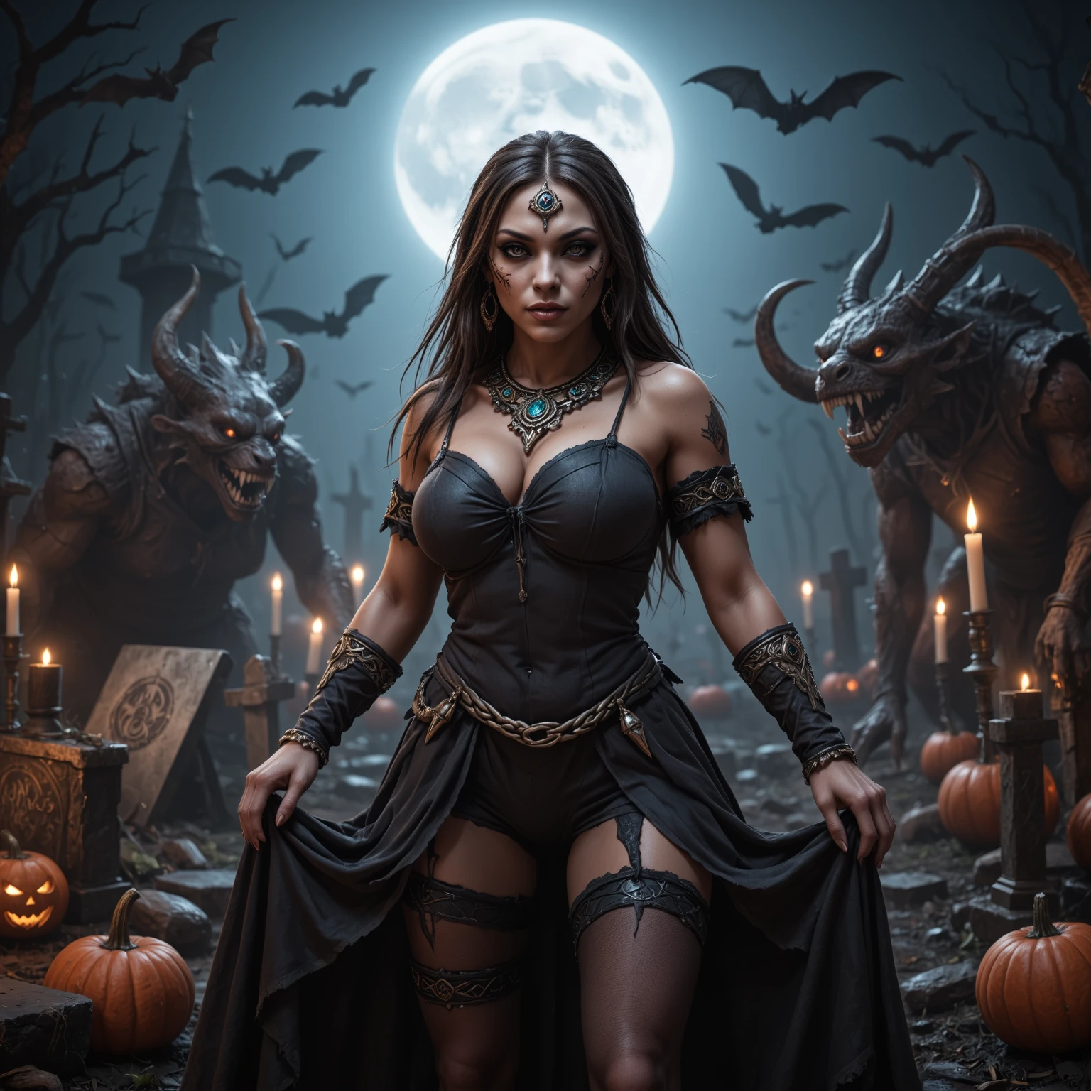 Female wizard, very detailed wizard, sexy, large breasts, intricate Wiccan strong makeup, matching detailed jewellery. The hideous beasts looks very angry and ready to cause chaos, DEVIL SPAWN. Halloween, sneaky bats over her, magical effects, creepy pumpkins, cemetery, candles, ultra detailed skin with pores, perfect hands, sharp light and shadows, night, strong ghostly etherial mist, moonlight, horizon, panorama, ray tracing, DSLR, UHD, 8k, photorealistic, masterpiece, award-winning