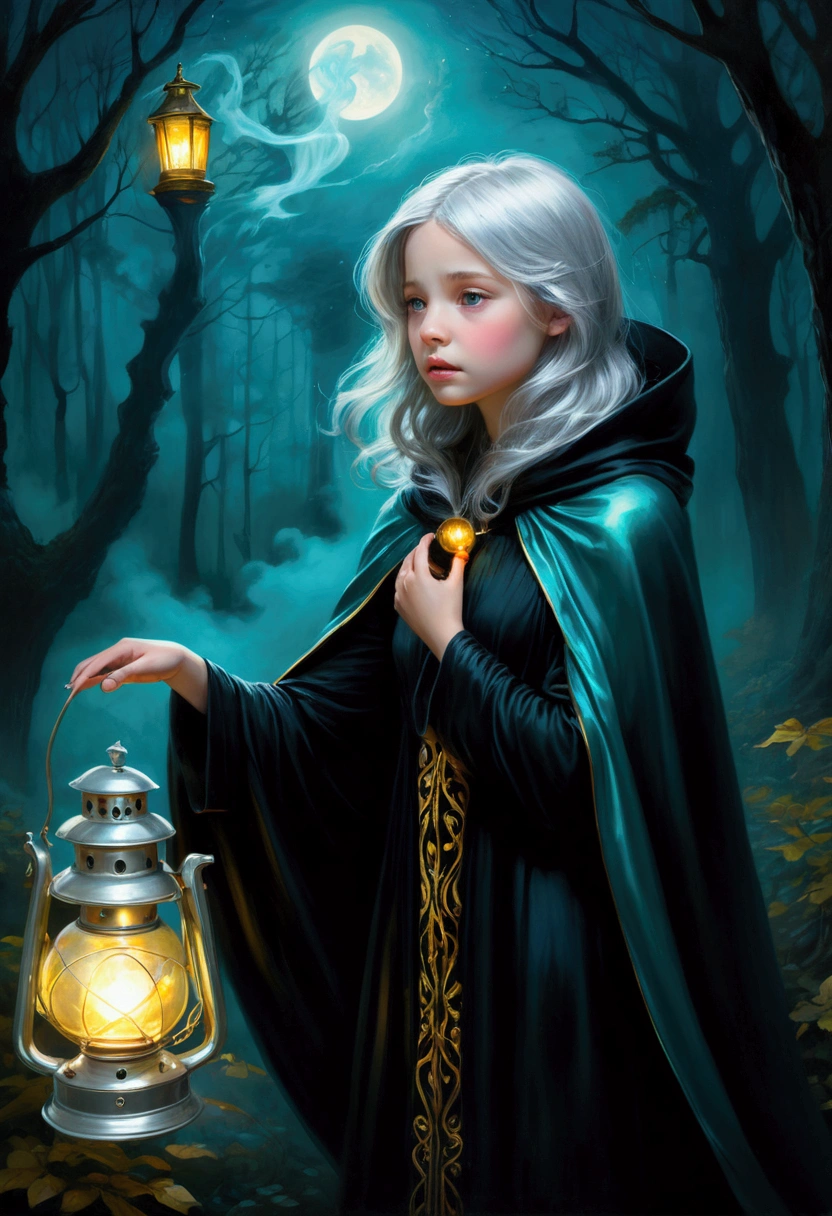 Beautiful oil painting,  depicting a young girl with disheveled silver hair,  dressed in a falling black and gold cloak .  She holds a glowing lantern ,  from which ghostly spirits swirl around her ,  whispering invisible messages . The forest behind her is dark ,  and only the flashlight illuminates the fog .  Gentle predominate turquoise and silver background tones ,  with glowing white accents ,  that creates an airy and mysterious atmosphere .
