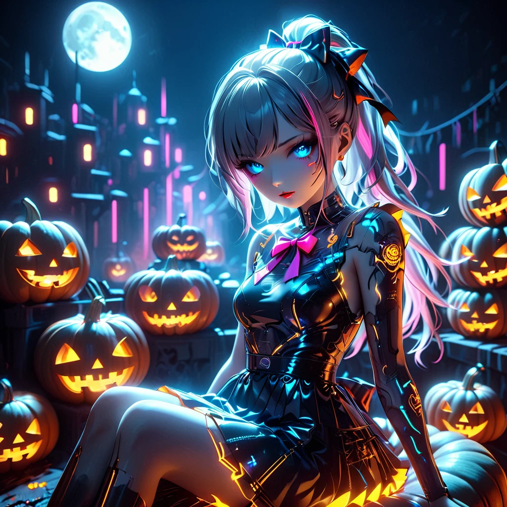  Beautiful girl sitting on a gold pod , Beautiful face, Long gray-pink hair , Left ponytail tie   ,  red lips,  wearing a dress with blue and pink in cyberpunk style, skirt  , Hair bow ,)) Sharp face,  blue eyes ,  background, Neon, nighttime,  Halloween , pumpkin , nighttime, 3D rendering 