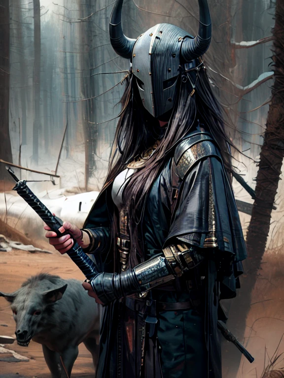 photorealistic,(hyperrealistic:1.2),beautiful,masterpiece,(best quality,4k,8k,highres,masterpiece:1.2),ultra-detailed,(realistic,photorealistic,photo-realistic:1.37),perfect lighting,derpd,mask,horns,cloak,faceless,katana,holding sword,detailed hands and fingers