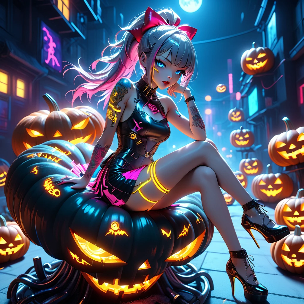  Cyberpunk style beauty sitting on a gold pod, Beautiful face, ผมสีNeon, Long gray-pink hair , Left ponytail tie   ,  red lips,  tattoo on the thigh , Wear a colorful cyberpunk dress, Hair bow, high-heels ,)) Sharp face,  blue eyes ,  background, Neon, nighttime,  Halloween , pumpkin , nighttime, 3D rendering 