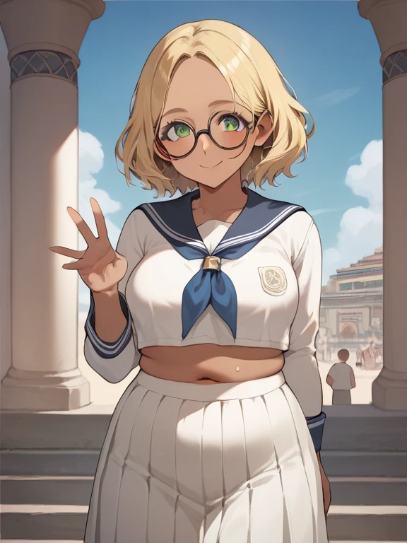  score_9,  score_8_up,  score_7_up, anime break， High image quality ，Tanned Gal，blonde，Very chubby girl，blonde with green eyes, Medium length hair ，Open forehead，Round Face，A shy smile，Ample breasts， Black Square Framed Glasses Greek Goddess，Long sleeve sailor suit， short pleated skirt ，Ancient Greece，Wet Skin，Cunning gestures，Accurate and detailed female fingers，