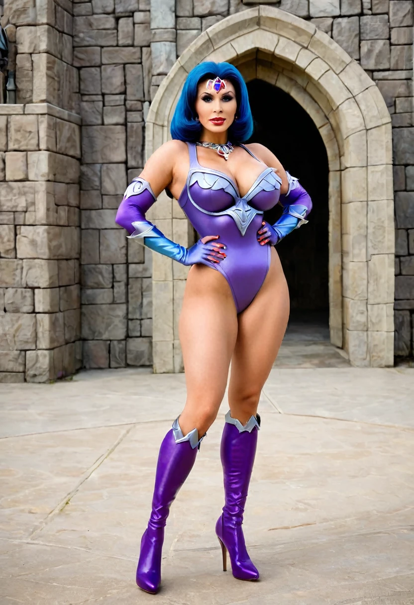 Full body shot of a beautiful female with a curvy thick body and large full natural breasts, Evil-Lyn from Masters of the Universe, wearing high heel shoes, standing outside of Skeletor's Castle