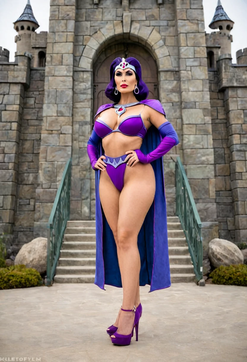 Full body shot of a beautiful female with a curvy thick body and large full natural breasts, Evil-Lyn from Masters of the Universe, wearing high heel shoes, standing outside of Skeletor's Castle