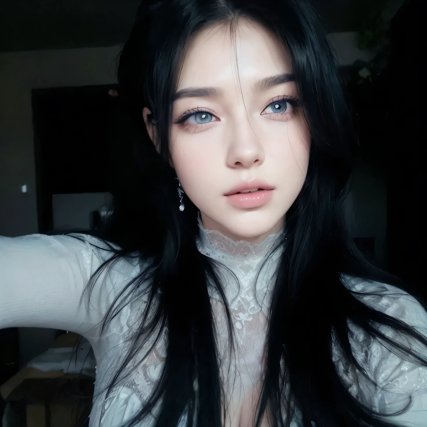 Perfect Woman, perfect mouth, perfect toes, perfect mouth, Flawless nose, perfect dark eyes, perfect and long straight black hair with bangs, big and beautiful breasts.
