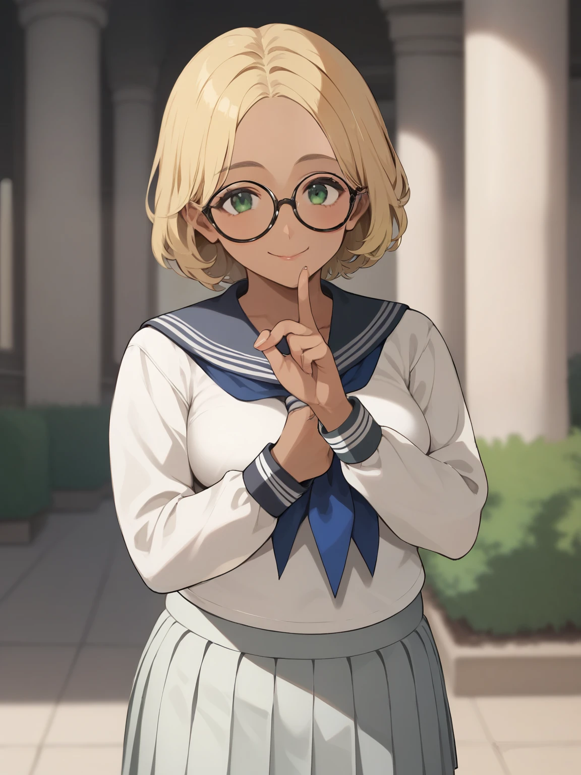  score_9,  score_8_up,  score_7_up, anime break， High image quality ，Tanned Gal，blonde，Very chubby girl，blonde with green eyes, Medium length hair ，Open forehead，Round Face，A shy smile，Ample breasts， Black Square Framed Glasses Greek Goddess，Long sleeve sailor suit， short pleated skirt ，Ancient Greece，Wet Skin，Cunning gestures，Accurate and detailed female fingers，