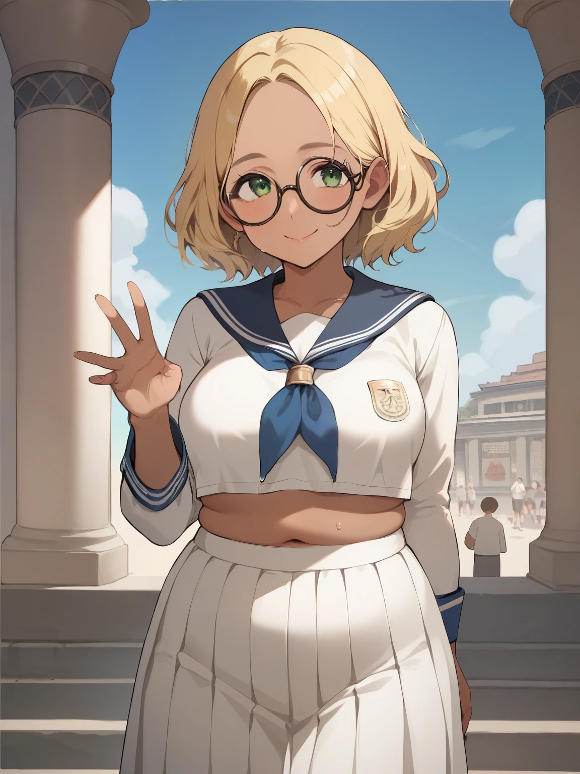  score_9,  score_8_up,  score_7_up, anime break， High image quality ，Tanned Gal，blonde，Very chubby girl，blonde with green eyes, Medium length hair ，Open forehead，Round Face，A shy smile，Ample breasts， Black Square Framed Glasses Greek Goddess，Long sleeve sailor suit， short pleated skirt ，Ancient Greece，Wet Skin，Cunning gestures，Accurate and detailed female fingers，