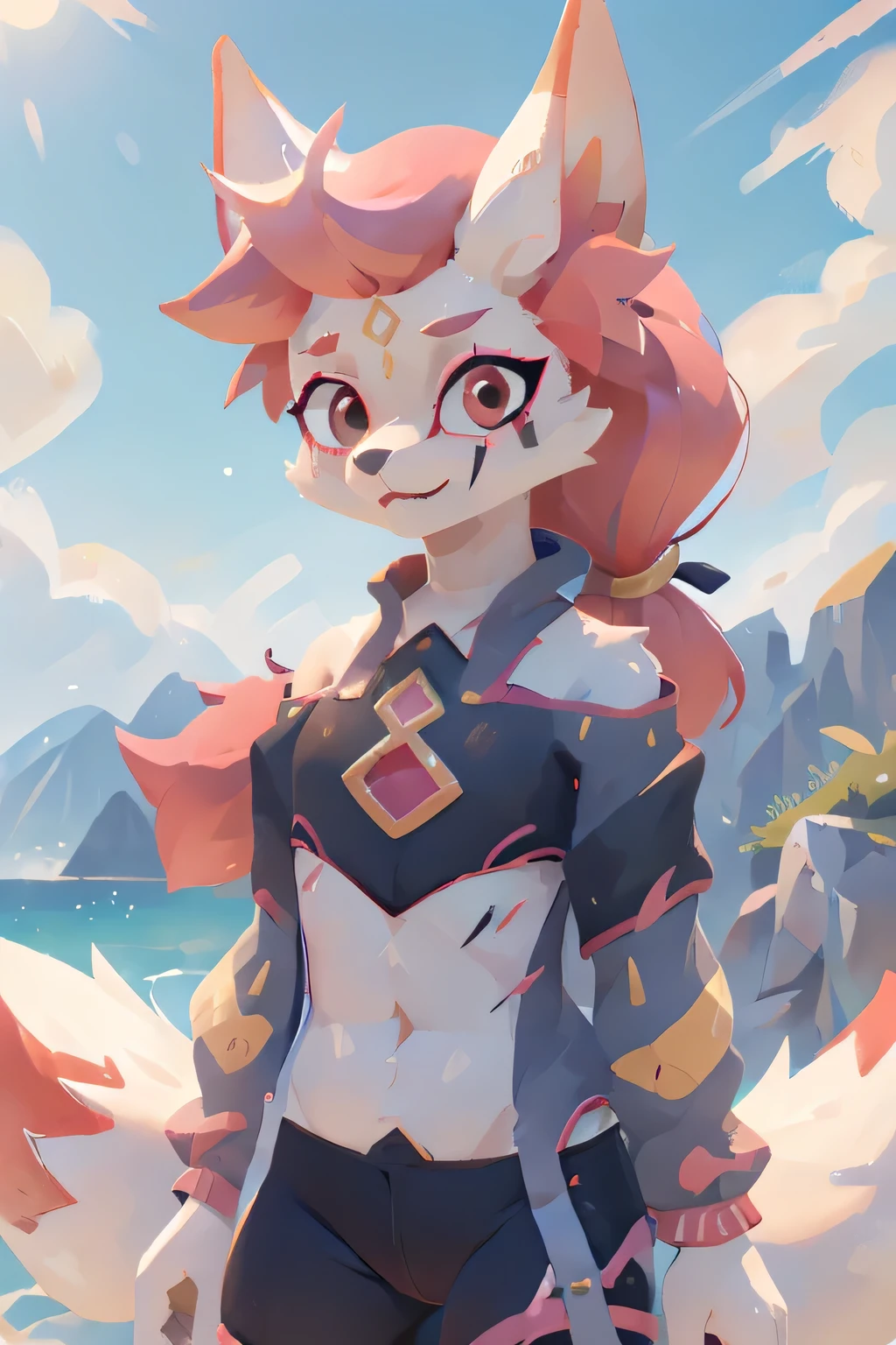 kimiko, furry female anthro, fox girl, multiple tails, solo, short ponytail, scar on the eye, detailed face, masterpiece, dressed, ordinary closed clothes, fly in clouds, euphoria