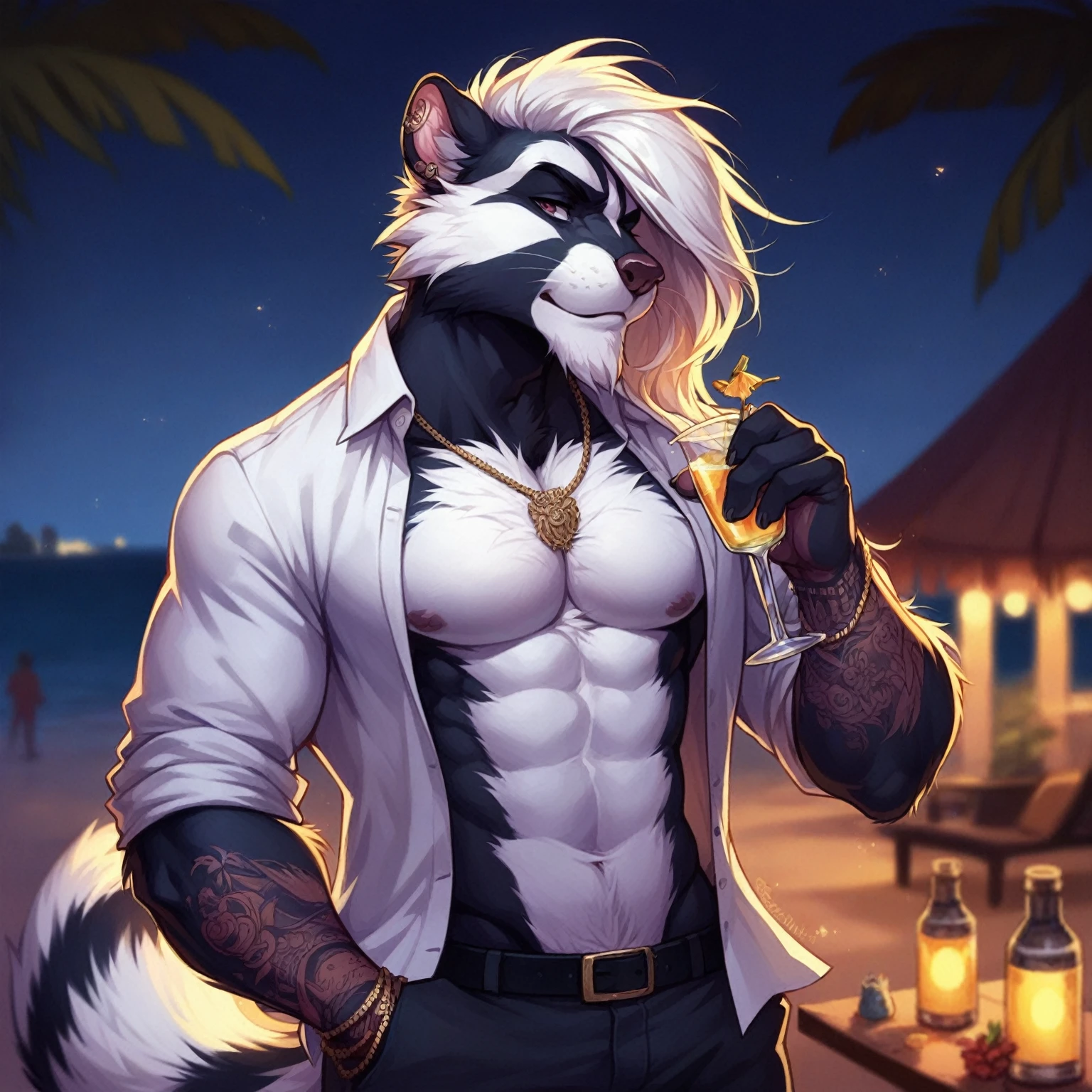 until, DETAILED, Better quality: Of a skunk , young, adult, Alone,  tattoos on the body,  Abdominals ,  with long hair , short black beard,.. attire: white suit, White shirt,.. pose:  holding a cocktail ,  in low lighting ,  and a beach in the background .