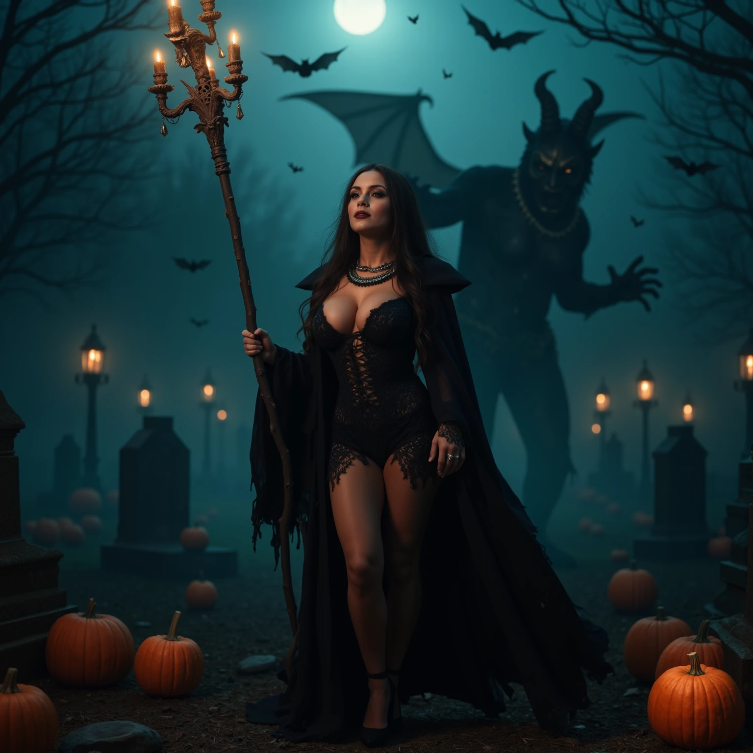 In a haunting Halloween setting, a stunning female wizard stands tall amidst the eerie atmosphere of a cemetery. Her large, luscious breasts are adorned with intricate Wiccan jewellery, matching her detailed makeup. Sneaky bats flutter above as she gazes up at the moonlit horizon, where a ghostly mist swirls and dances. The DEVIL SPAWN creature looms menacingly behind her, its twisted features contorted in rage. Candles flicker, casting sharp shadows on her ultra-detailed skin with visible pores. Her perfect hands hold a staff, channelling magical energy as creepy pumpkins and mysterious fog surround her. A DSLR camera captures the photorealistic masterpiece in stunning UHD resolution, an award-winning work of art that transports viewers to a realm of darkness and wonder.